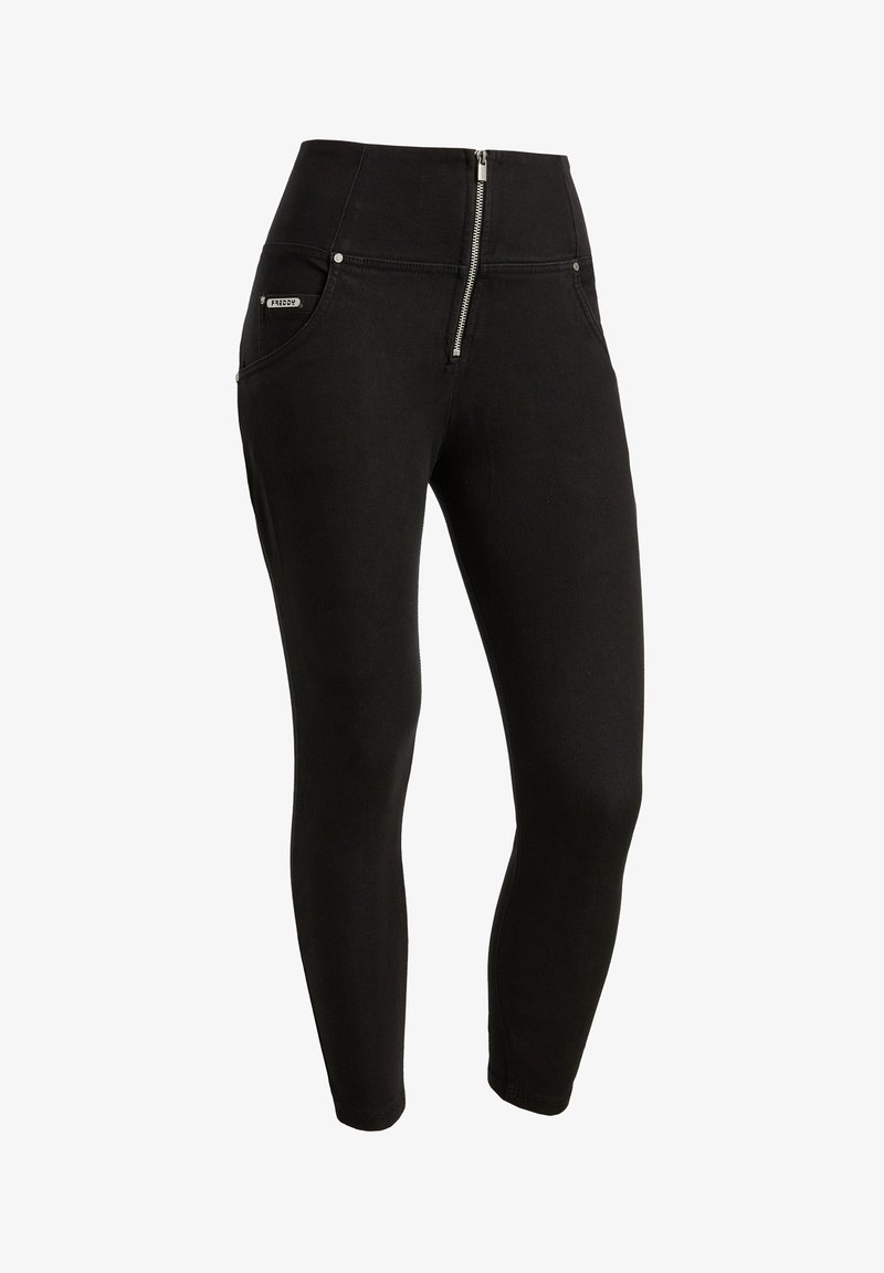 Leggings noirs avec une taille haute, une fermeture éclair à l'avant et des poches latérales. Fabriqués en tissu lisse, offrant une coupe ajustée et des accents matériels minimaux.