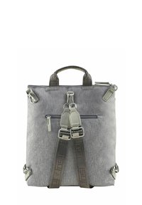 Zaino in tessuto grigio con superficie testurizzata. Dispone di due manici superiori, spallacci regolabili e molteplici compartimenti con zip.