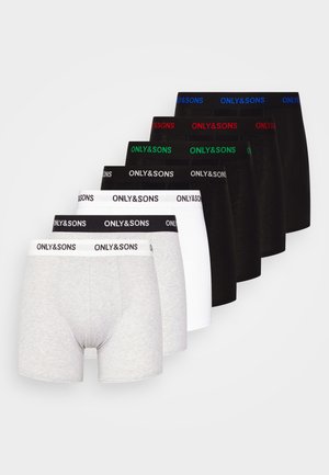 Sieben Paare ONLY&SONS Boxershorts in den Farben Grau, Weiß und Schwarz mit verschiedenen Bundfarben: Blau, Rot, Grün und Schwarz.