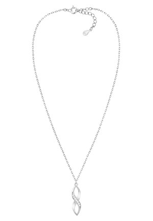 Silberne Kettenhalskette mit einem Infinity-Anhänger, verziert mit kleinen klaren Steinen, glatter Oberfläche und einem Verschluss mit Verlängerung.