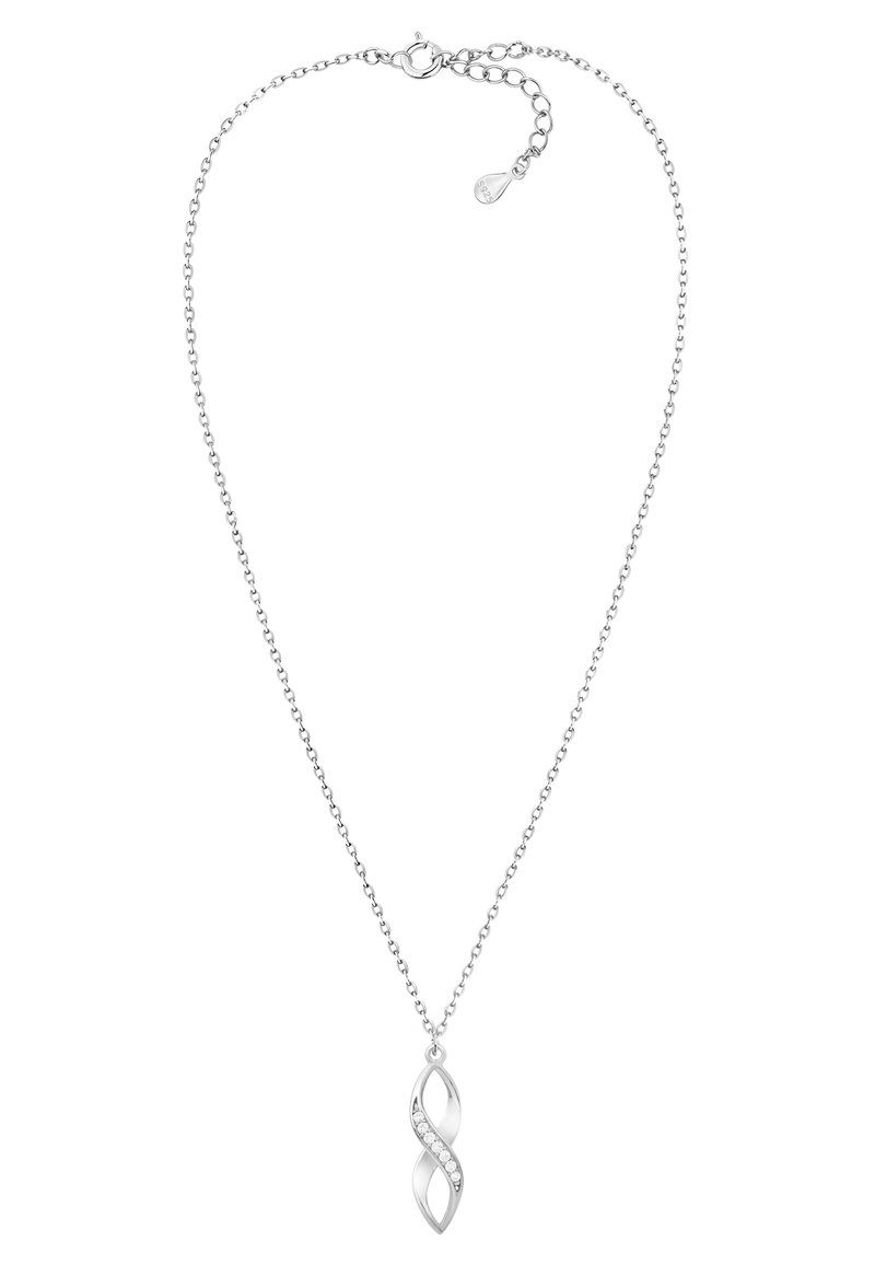 Söljekedja med en oändlighetspendant, prydd med små klara stenar, slät yta och ett hänglås med förlängning.