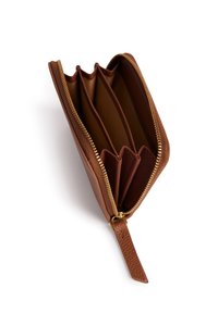 Brown leather wallet with a textured finish, gold zipper, and three spacious compartments for organizing items. Interior lined in lighter material.