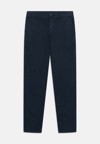 Kariniai mėlyni medvilniniai chinos, su užtrauktuku, mygtuku, šoninėmis kišenėmis ir slim fit dizainu su tvarkingai apkirptomis apačiomis.