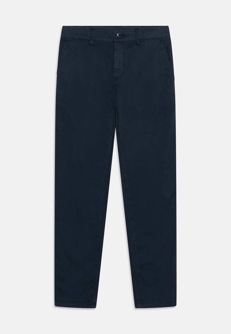 Kariniai mėlyni medvilniniai chinos, su užtrauktuku, mygtuku, šoninėmis kišenėmis ir slim fit dizainu su tvarkingai apkirptomis apačiomis.