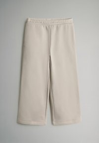 Šviesiai beigės plačios kelnės su elastinga juosmena, pagamintos iš minkštos medžiagos, su švariomis linijomis ir be matomų raštų ar akcentų.