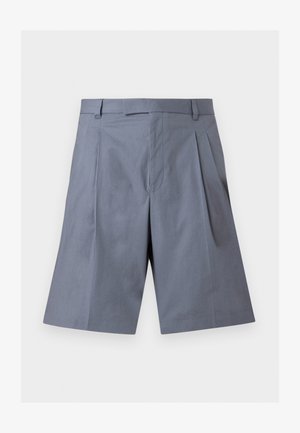 Shorts gris longueur genou avec passants de ceinture, plis avant et fermeture éclair dissimulée, présentés sur un fond blanc uni.