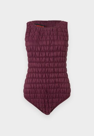 Μακρυμάνικο μπικίνι μπορντό με υφή φουσκωτής πλέξης, χωρίς μανίκια και υψηλή κοπή στα πόδια. Διαθέτει στρογγυλή λαιμόκοψη και λογότυπο Primaloft.