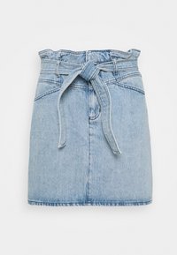 Ljust blå denimkjol med fransad fåll, elastisk midja och knytband. Har en figurnära passform och minimalistisk design.