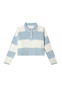 Maglione a maniche lunghe cropped in maglia con ampie righe orizzontali blu e bianche, colletto e una patta con quattro bottoni.