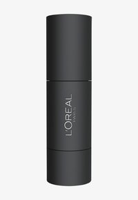 Bottiglia cilindrica nera con finitura opaca, con testo argentato che recita "L'Oréal Paris". Design semplice e moderno, senza ulteriori accenti.