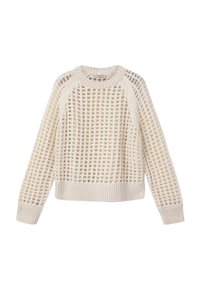 Pull tricoté beige clair avec un motif en treillis, col rond, et poignets et ourlet côtelés. Texture douce, manches longues, et coupe décontractée.