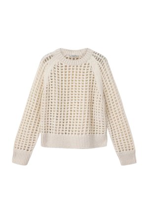 Lysebeige strikket sweater med gittermønster, rund hals samt ribstrikkede manchetter og kant. Blød tekstur, lange ærmer og afslappet pasform.