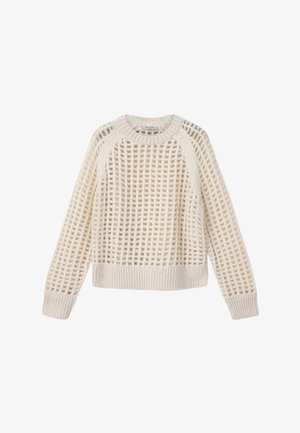 Lysebeige strikket sweater med gittermønster, rund hals samt ribstrikkede manchetter og kant. Blød tekstur, lange ærmer og afslappet pasform.