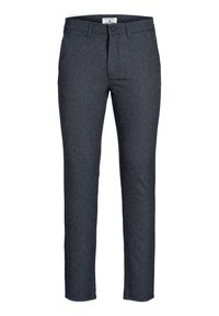 Pantaloni grigio scuro, su misura, realizzati in un tessuto testurizzato. Presentano una chiusura con zip, bottone e tasche frontali. Vestibilità dritta.