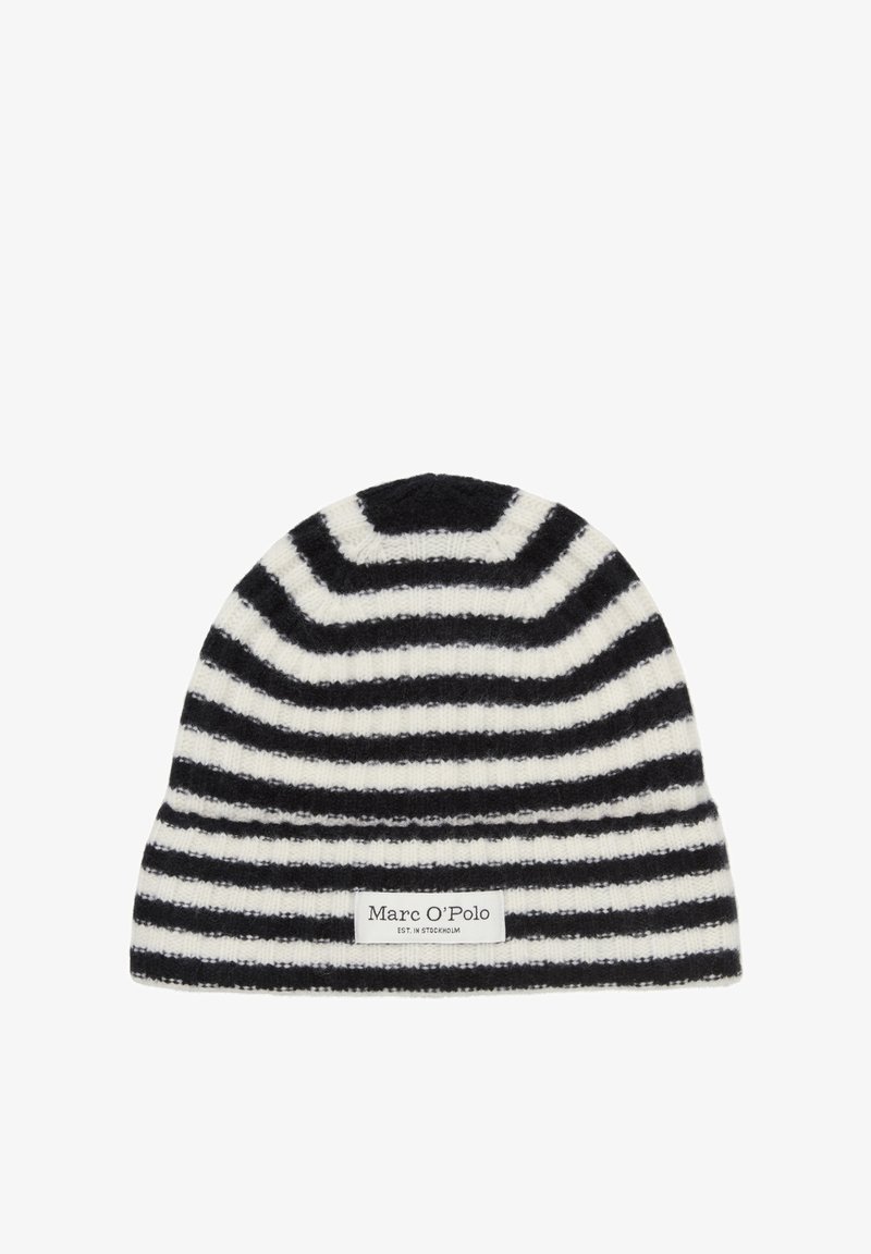 Gestreifte Mütze in Schwarz und Weiß, aus weichem Strickmaterial. Verfügt über einen umgeschlagenen Umschlag mit einem markierten Etikett vorne.