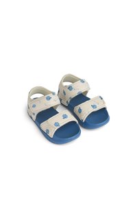 Μπλε και λευκές παιδικές σάνδάλες με δύο ρυθμιζόμενα λουράκια, υφασμένους μπλε πάτους και διακοσμητικά με ανθισμένο μοτίβο στο επάνω μέρος του υλικού.