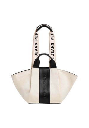 Platnena torba u krem boji s crnim kožnim detaljima; sadrži istaknutu "PEPE JEANS" oznaku sprijeda i podesive platnene naramenice.