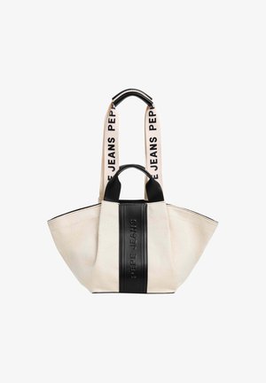 Sac en toile de coton crème avec des accents en cuir noir ; présente un logo "PEPE JEANS" audacieux à l'avant et des bretelles en toile réglables.
