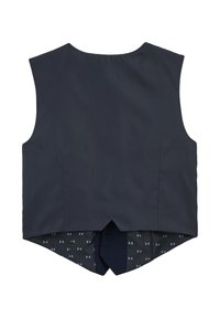 Jūros mėlynos spalvos be rankovių liemenė su lygiu paviršiumi. Nugarėlė turi smailų galą, o viduje yra raštuotas pamušalas su mažais mėlynais kaklaraiščiais tamsiame fone.