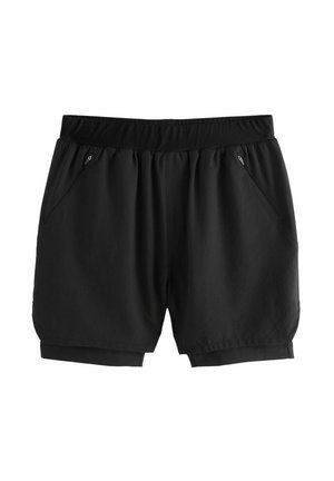 Fekete, könnyű anyagból készült rövidnadrág, rugalmas derékrésszel, két oldalsó zsebből és laza szabású, felgörbített szárakkal.