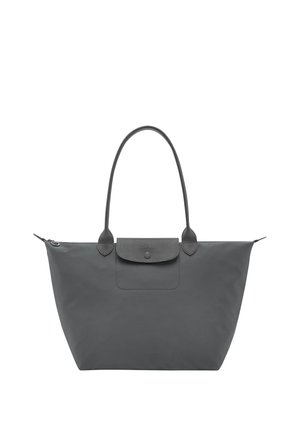 Large gray tote bag with long handles, a top zipper, and a small front flap pocket with a button closure.