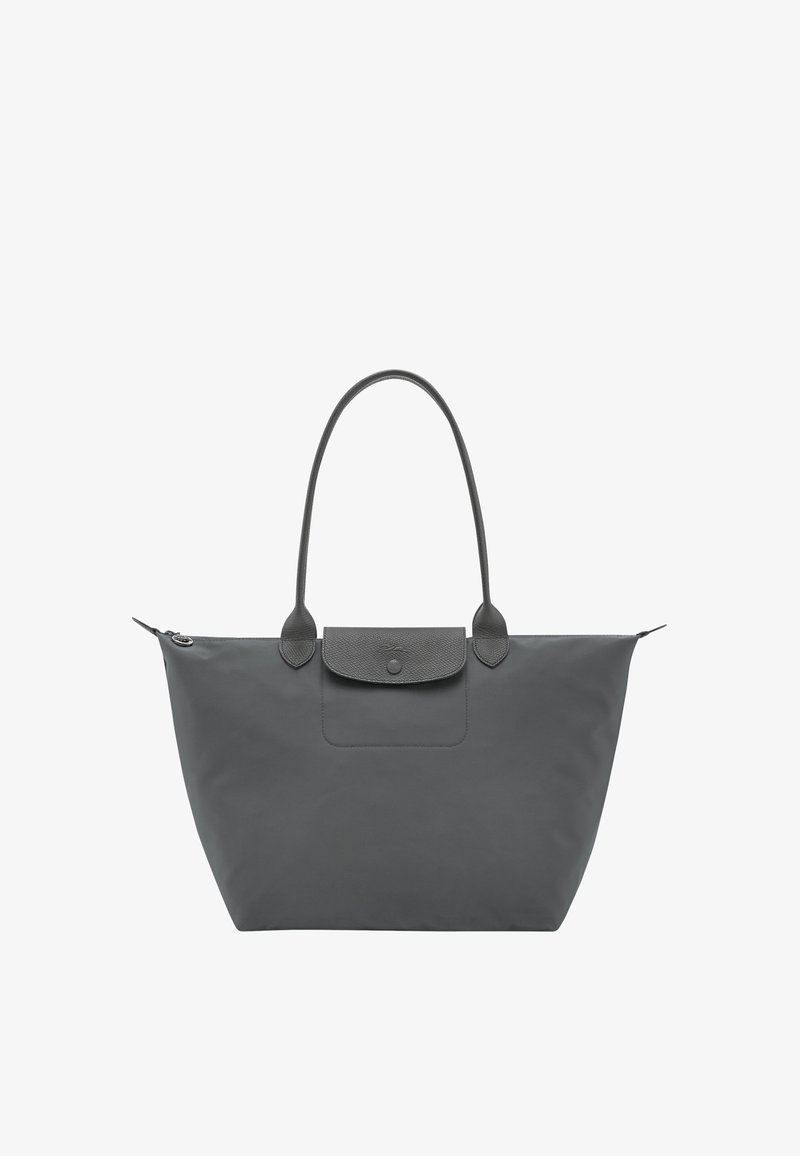 Large gray tote bag with long handles, a top zipper, and a small front flap pocket with a button closure.