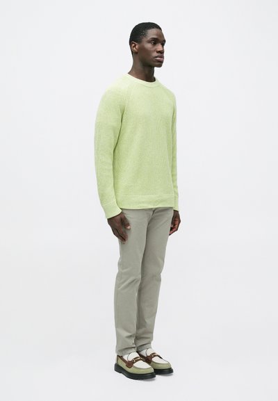 Muž stojaci, oblečený v svetlozelenom pletenom svetri, svetlosivých nohaviciach a dvojfarebných mokasínach, na bielom pozadí.