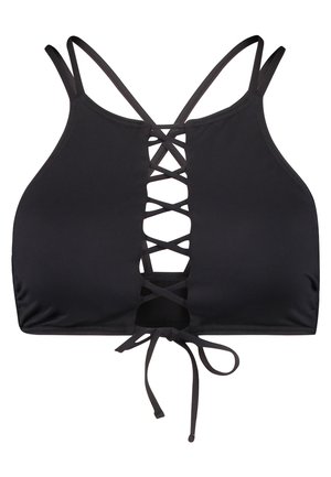 Haut de bikini noir avec un devant lacé, des bretelles réglables et un dos noué. Fabriqué en matériau lisse et extensible avec un design simple.