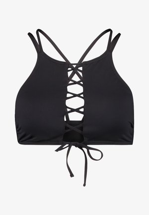 Haut de bikini noir avec un devant lacé, des bretelles réglables et un dos noué. Fabriqué en matériau lisse et extensible avec un design simple.