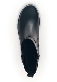 Schwarze Lederstiefelette mit glatter Textur, abrundeter Spitze, seitlichem Reißverschluss und einer Zuglasche an der Ferse für einfaches An- und Ausziehen.