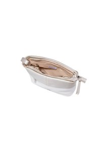 Borsa in pelle bianca e argento metallico con chiusura a zip, parte superiore textured e parte inferiore liscia, e interni color cammello. Include una tasca interna.