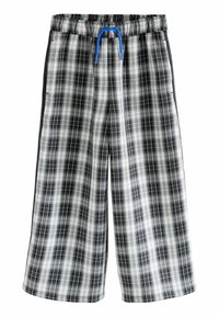 Shorts à carreaux noir et blanc avec une taille élastique, cordon de serrage bleu et poches latérales. Fabriqués en tissu coton léger.