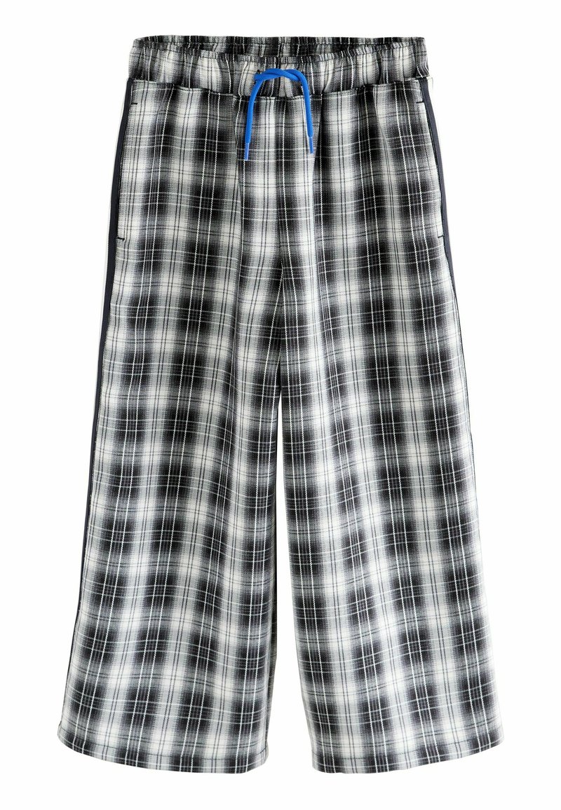 Shorts à carreaux noir et blanc avec une taille élastique, cordon de serrage bleu et poches latérales. Fabriqués en tissu coton léger.