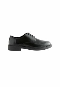Schwarze Lederdressschuhe mit glatter Oberfläche, runder Zehenpartie, fünf Ösen für Schnürsenkel und niedrigem Gummihacken. Schlichtes, klassisches Design.