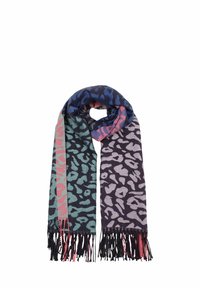 Multicolored scarf featuring a leopard print design in shades of blue, green, purple, and pink, with fringed edges.