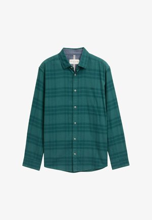 Camicia a maniche lunghe a quadri verdi realizzata in tessuto tessuto. Presenta una chiusura con bottoni, un colletto e un logo ricamato sul petto.