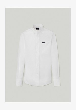 Witte lange mouwen shirt van katoen, met een button-down kraag, een borstzak en een klein marineblauw logo op de zak.