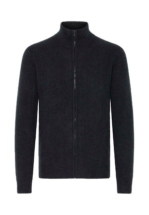 Mørkegrå strikket sweater med høj krave og fuld lynlås, der har en blød tekstur og lange ærmer. Enkel design uden mønstre.