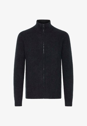 Mørkegrå strikket sweater med høj krave og fuld lynlås, der har en blød tekstur og lange ærmer. Enkel design uden mønstre.