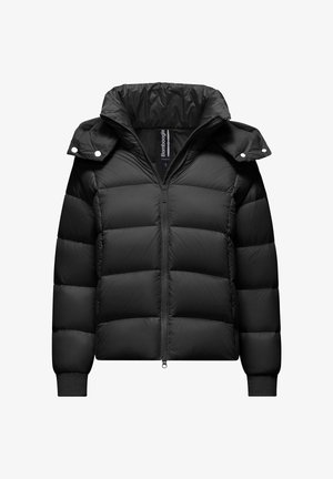 Black insulated puffer jacket with a high collar, zip closure, ribbed cuffs, and a detachable hood, featuring a quilted design.