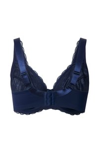 Navy blue lace bra with adjustable satin straps and hook-and-eye back closure, shown from the rear on a white background.