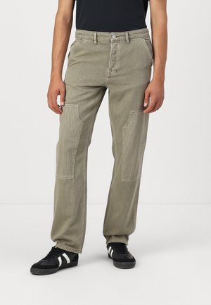 Olive green, straight-leg pants in cotton blend, featuring textured patch pockets and subtle vertical stripes on the pockets.