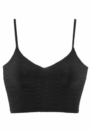Black bralette with thin adjustable straps, featuring a textured geometric pattern and a v-neck design. Smooth fabric with a fitted shape.