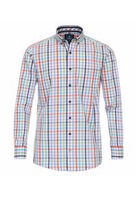 Herrenhemd mit Knopfleiste in einem mehrfarbigen Karomuster. Hat lange Ärmel, einen umgeschlagenen Kragen und blaue Knopfakzente auf der Vorderseite.