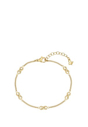 Delicado brazalete de cadena de oro con cinco símbolos de infinito espaciados uniformemente y un cierre de langosta con eslabones ajustables que termina en un pequeño colgante.