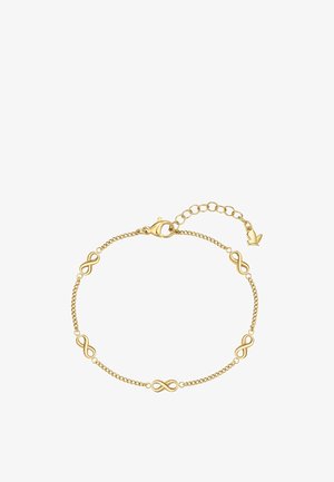 Delicado brazalete de cadena de oro con cinco símbolos de infinito espaciados uniformemente y un cierre de langosta con eslabones ajustables que termina en un pequeño colgante.