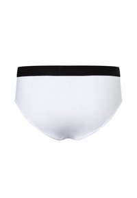 Pantaloni intimi bianchi in cotone con un elastico nero in vita, caratterizzati da una texture liscia e da un taglio classico, progettati per comfort e vestibilità.