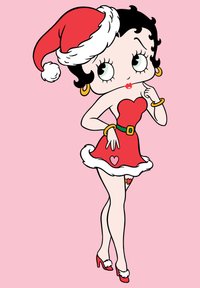 Tecknad karaktär i en röd klänning med vit kant, en tomteluva och högklackade skor; har guldörhängen och ett grönt bälte. Rosa bakgrund.