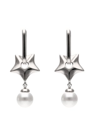 Silver star-shaped drop earrings with round white pearls hanging below each star on smooth hoops.
