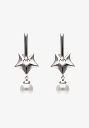 Silver star-shaped drop earrings with round white pearls hanging below each star on smooth hoops.